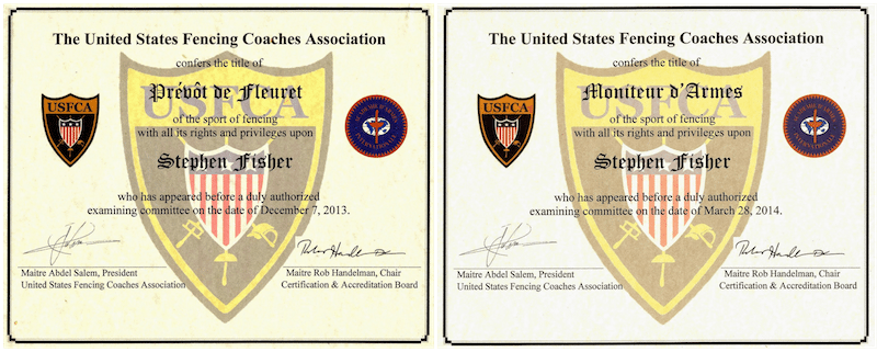 United States Fencing Coaches Association Certificates