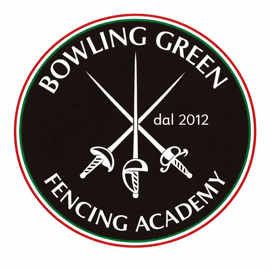 Circle shape logo filled in with black with white text that reads Bowling Green Fencing Academy and has three crossed fencing swords in the center