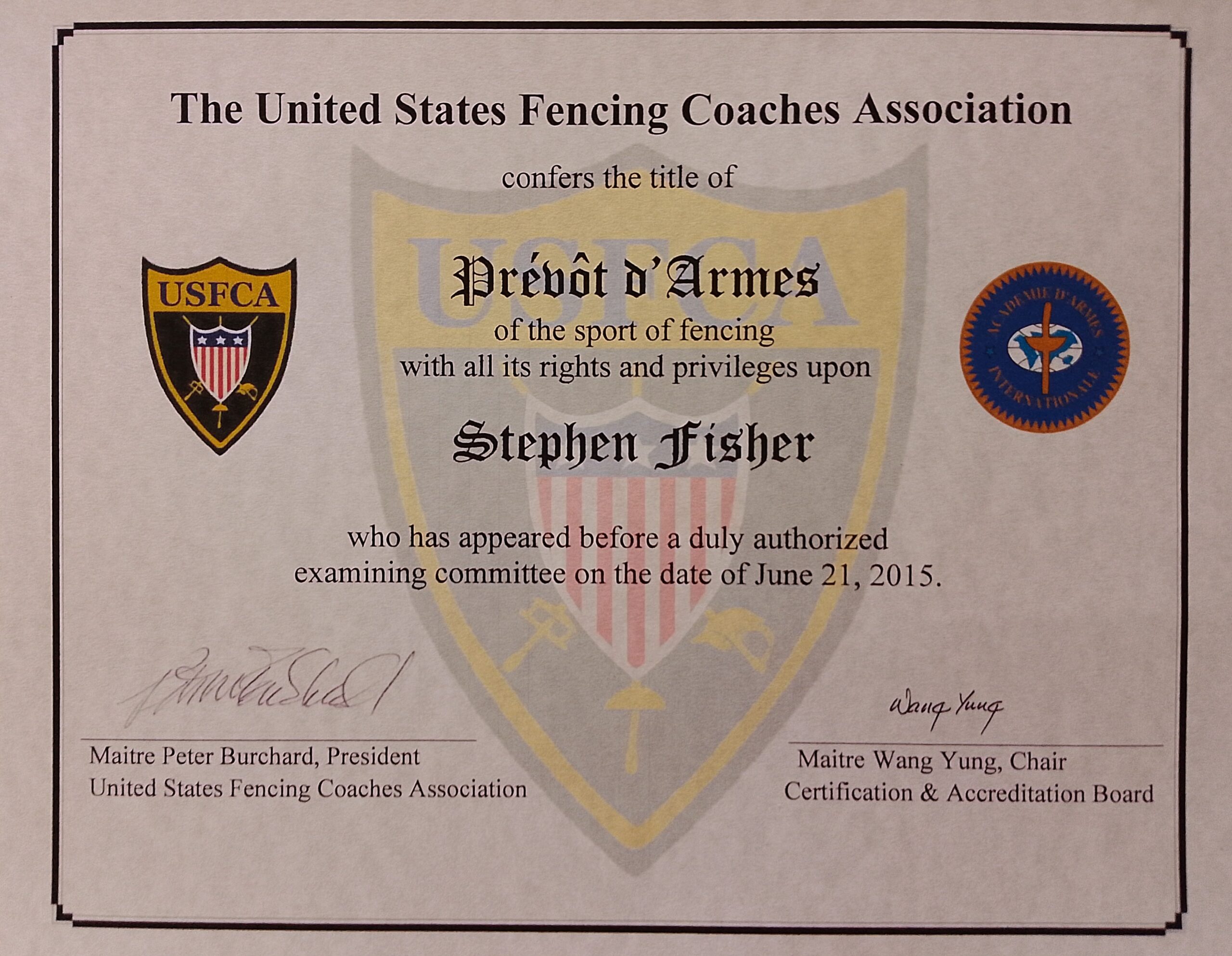 Stephen Fisher - United States Fencing Coaches Association - Certification from Accreditation Board